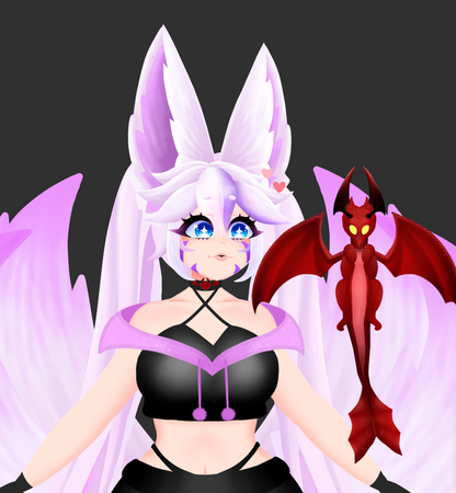 Kitsune Vtuber avatar 2d with Dragon Pet vtuber purple cat girl