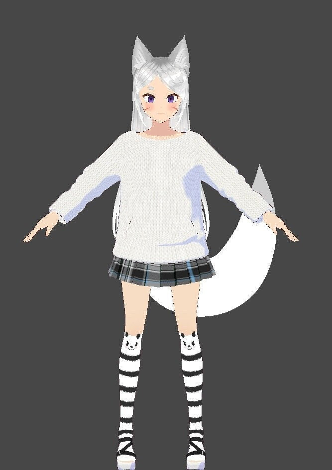 Fox vtuber oc twitch avatar 3d for vtubers with 4 expressions full body hite hair