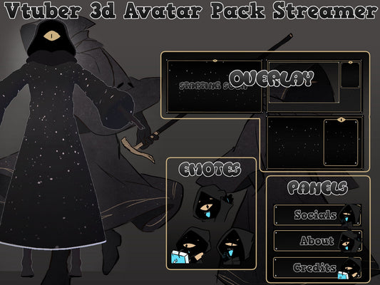 Avatar Vtuber 3d Con Overlay Twitch Oscuro Noche Emotes Y Paneles Pack Completo Stream Twitch o Youtube