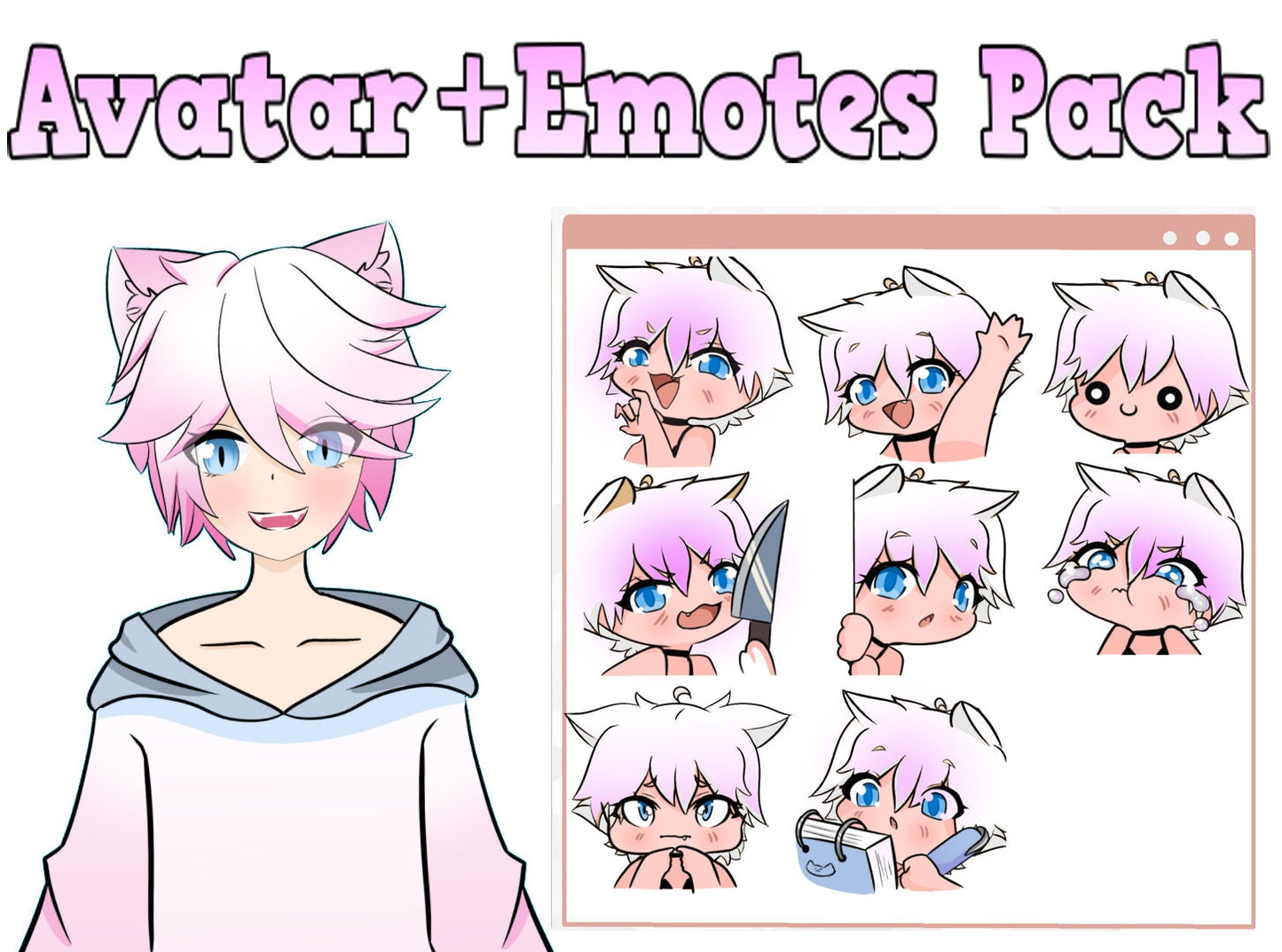 Avatar Vtuber 2d Con Emotes  Pack Completo Stream Twitch o Youtube Cat girl 2d avatar chica gato