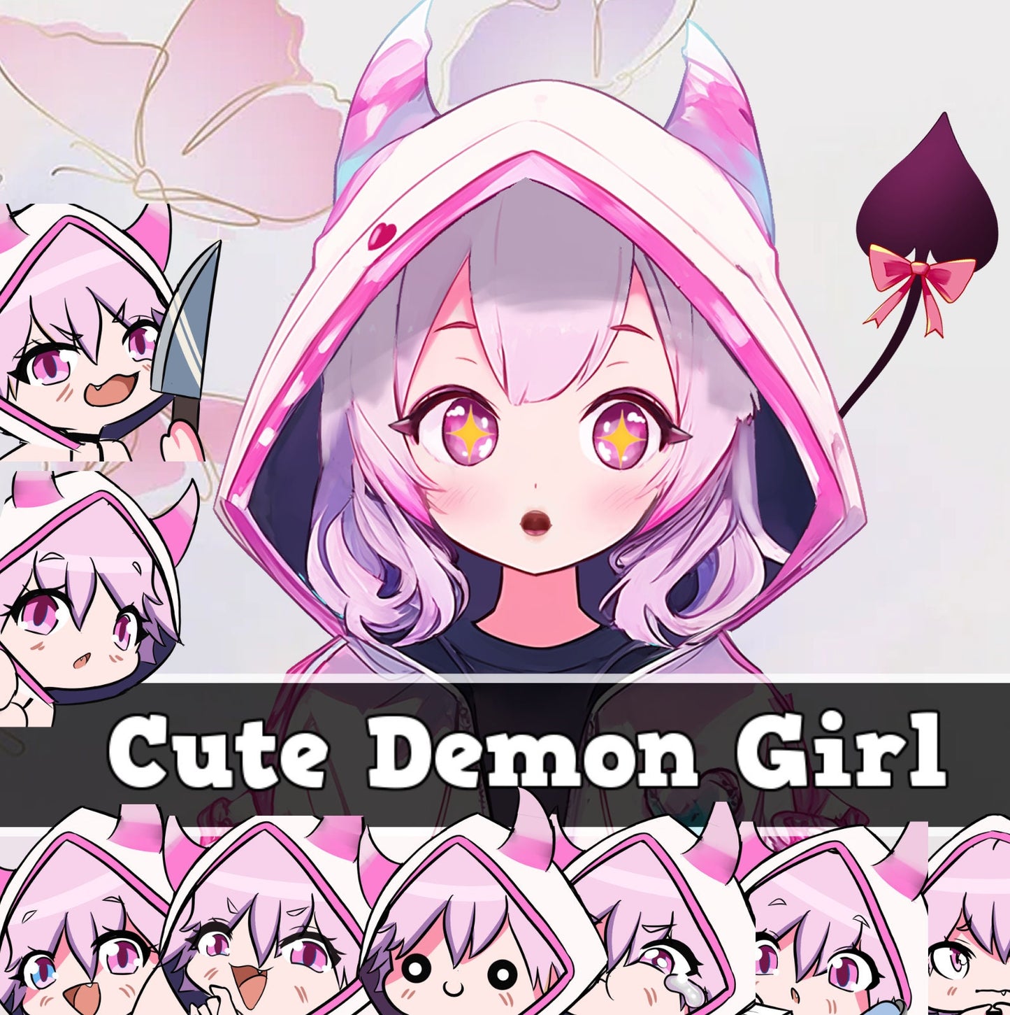 Pink Demon Girl Vtuber 2d Live2d avatar 4 Expressions 8 Free Emotes For twitch