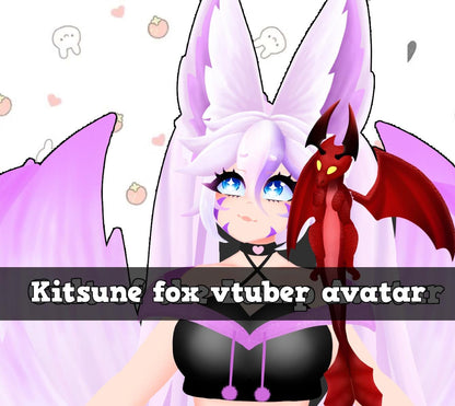 Kitsune Vtuber avatar 2d with Dragon Pet vtuber purple cat girl